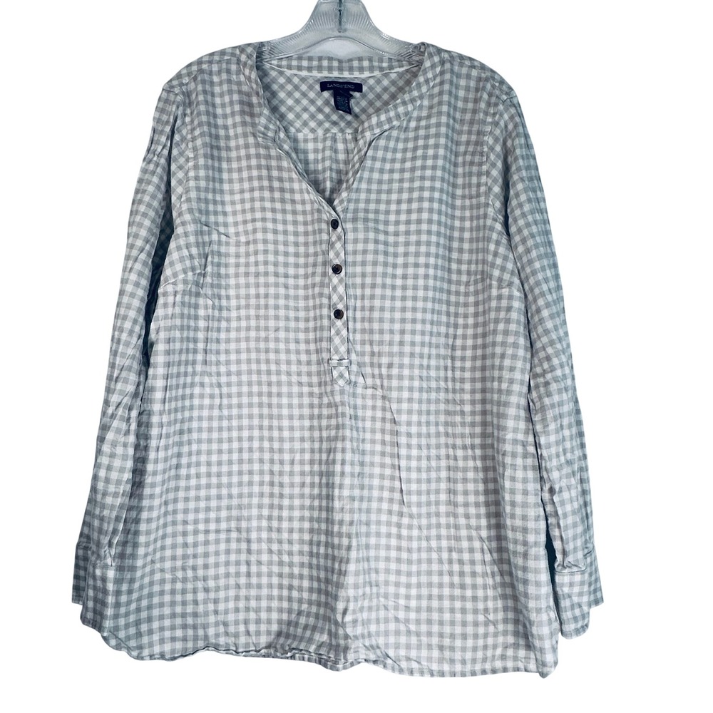 Lands End Grey Gingham Flannel Tunic Top Petite 18P Cotton Popover Shirt
